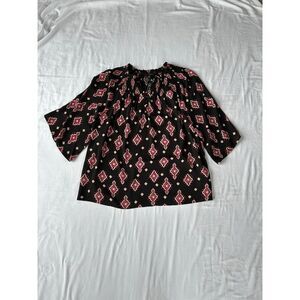 Women's Investments Black Shirt, Size S, Pink/Beige Pattern, Flowy, Bell Sleeves